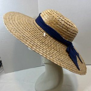 Large Brim Woven Straw Hat w/Navy Blue Bow & White Tie Cord